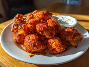 A plate piled high with crispy, bright orange buffalo cauliflower bites served with a side of creamy dipping sauce.