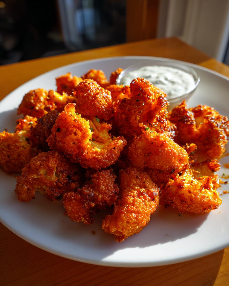 Close-up of golden-brown, crispy buffalo cauliflower bites piled on a white plate with a side of dipping sauce.
