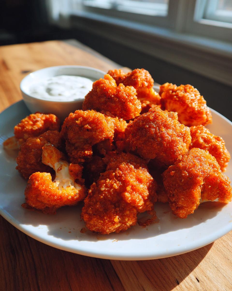 A plate piled high with crispy, bright orange buffalo cauliflower bites served with a side of white dipping sauce.