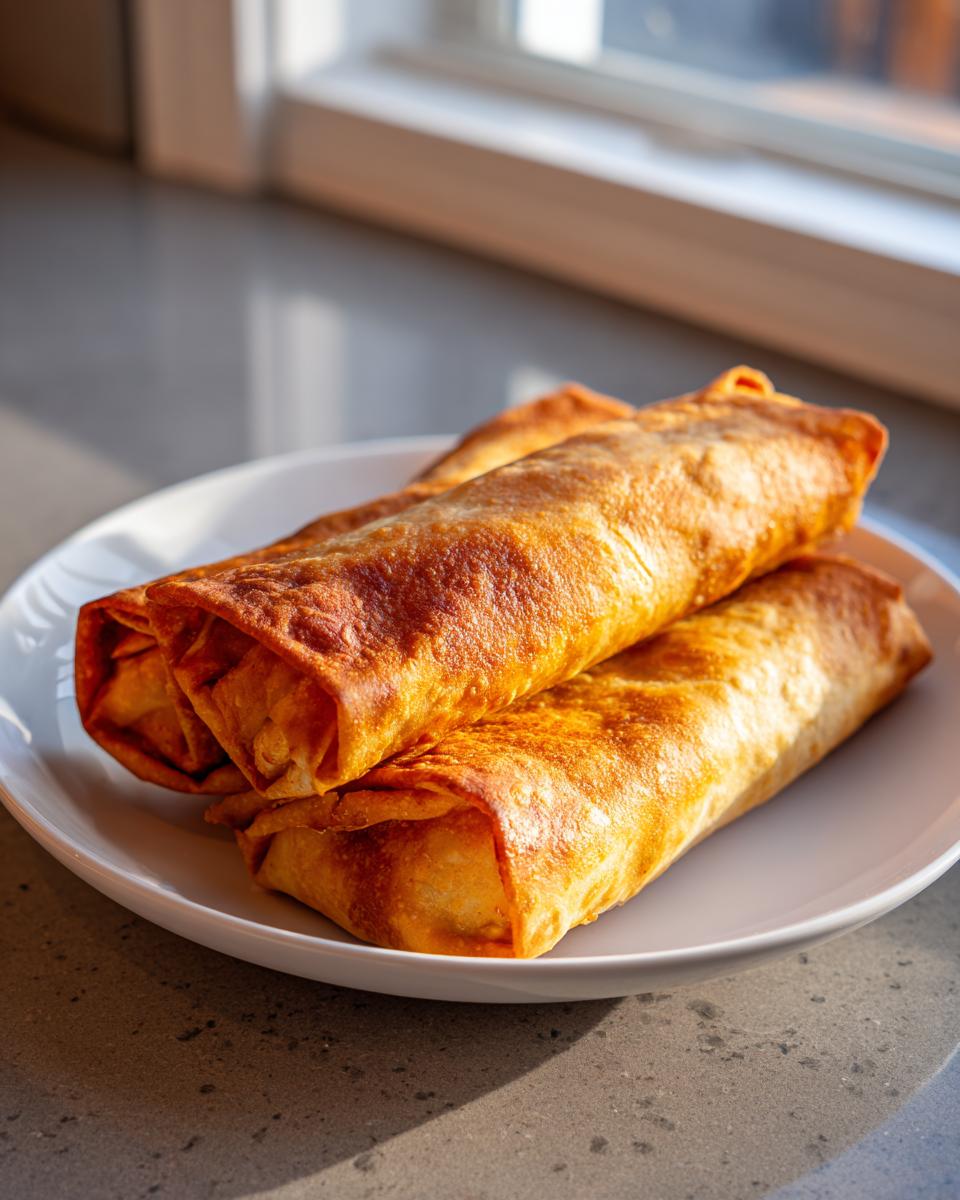 Three golden brown, crispy Chimichangas stacked on a white plate, ready to eat.