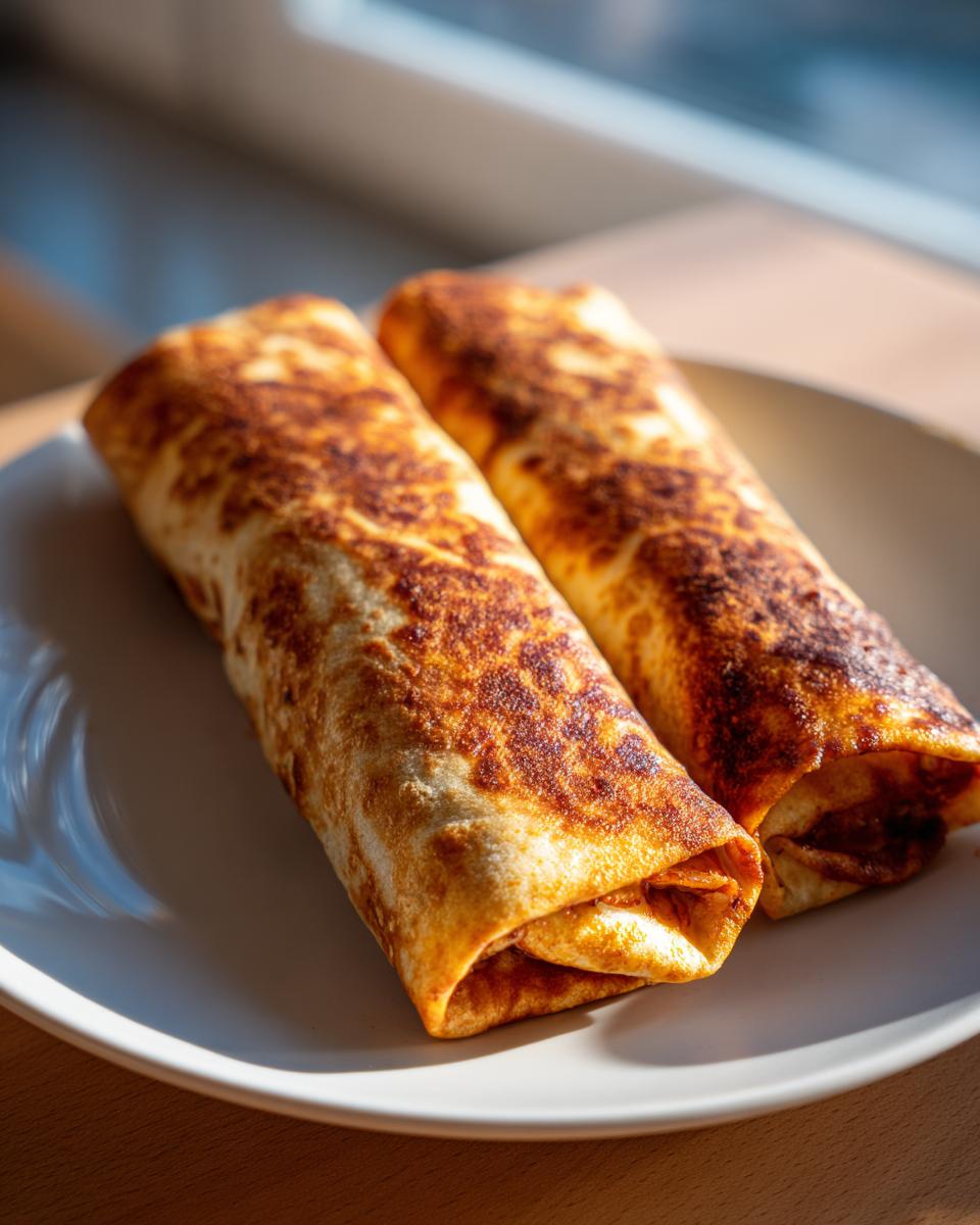Two perfectly golden and crispy chimichangas resting on a white plate, ready to eat.