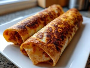 Two golden brown, crispy chimichangas resting on a white rectangular plate.