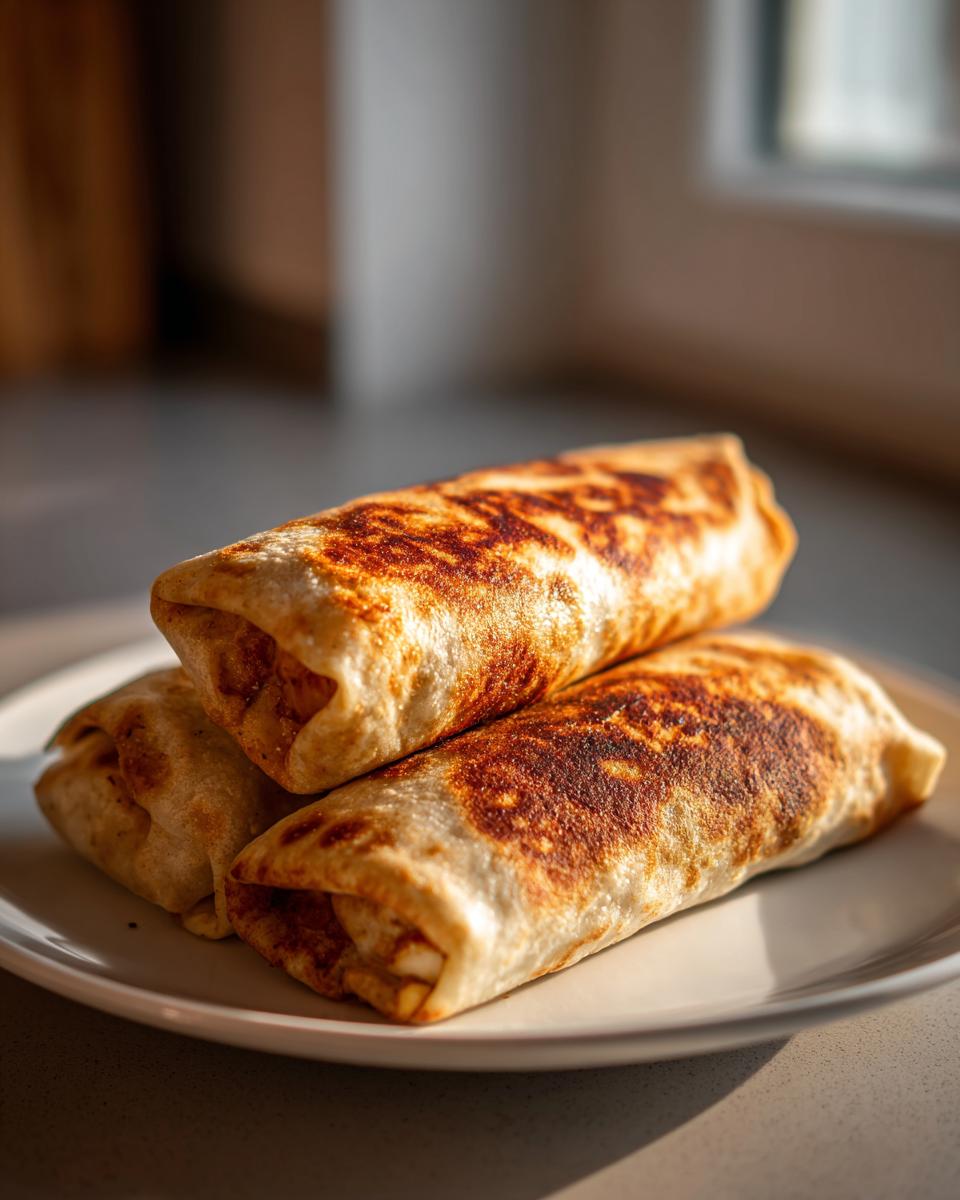 Three golden brown, crispy chimichangas stacked on a white plate, ready to eat.