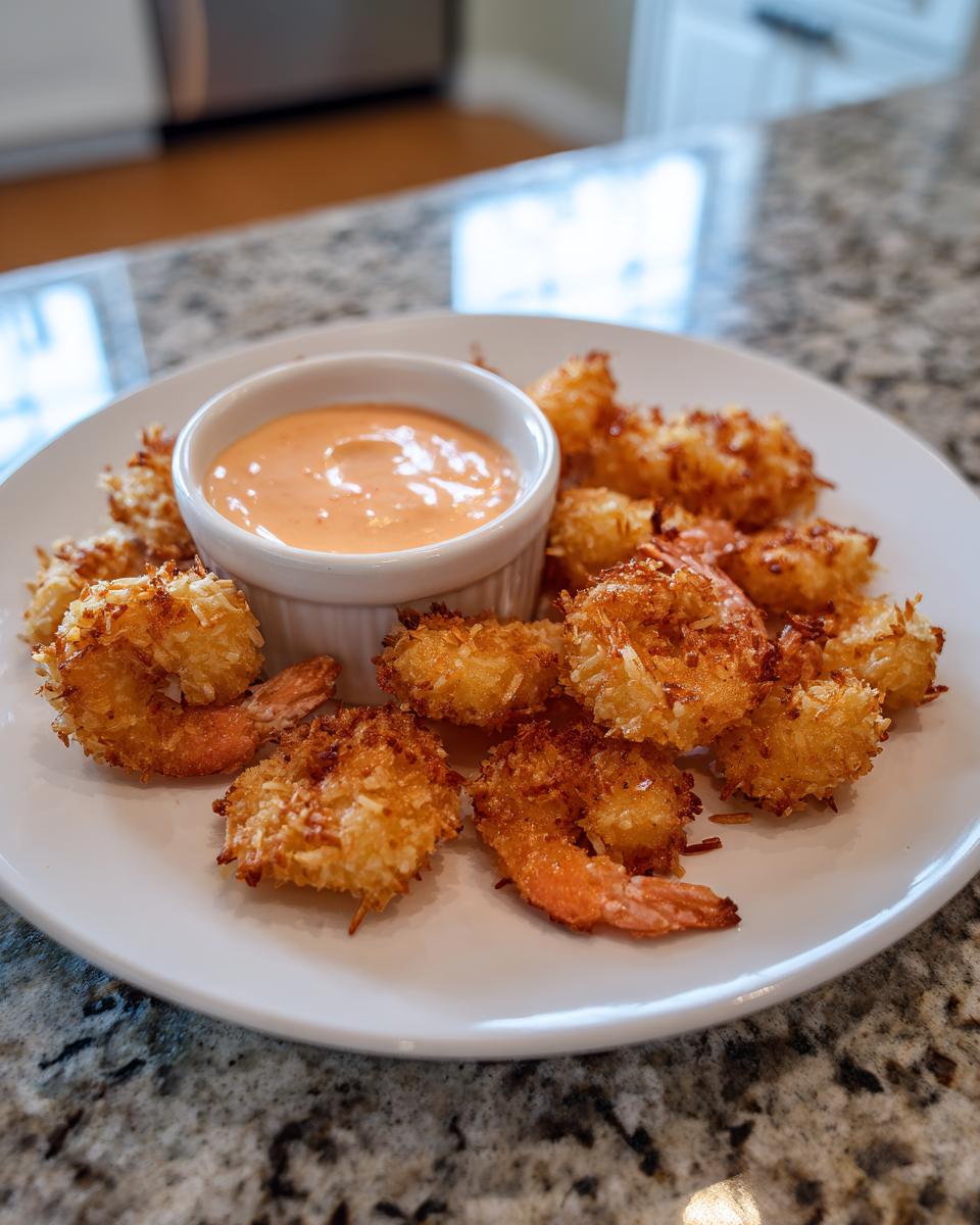 A plate of golden brown, crispy coconut shrimp served with a small bowl of orange dipping sauce.