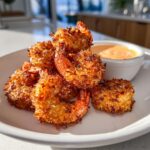 A pile of golden brown, crispy coconut shrimp served on a white plate next to a small bowl of orange dipping sauce.