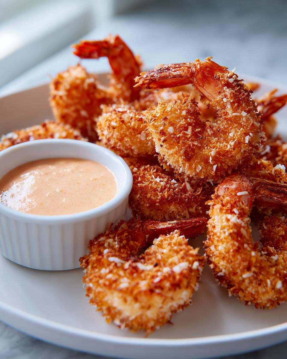 Close-up of golden brown, crispy coconut shrimp served with a small white ramekin of orange dipping sauce.