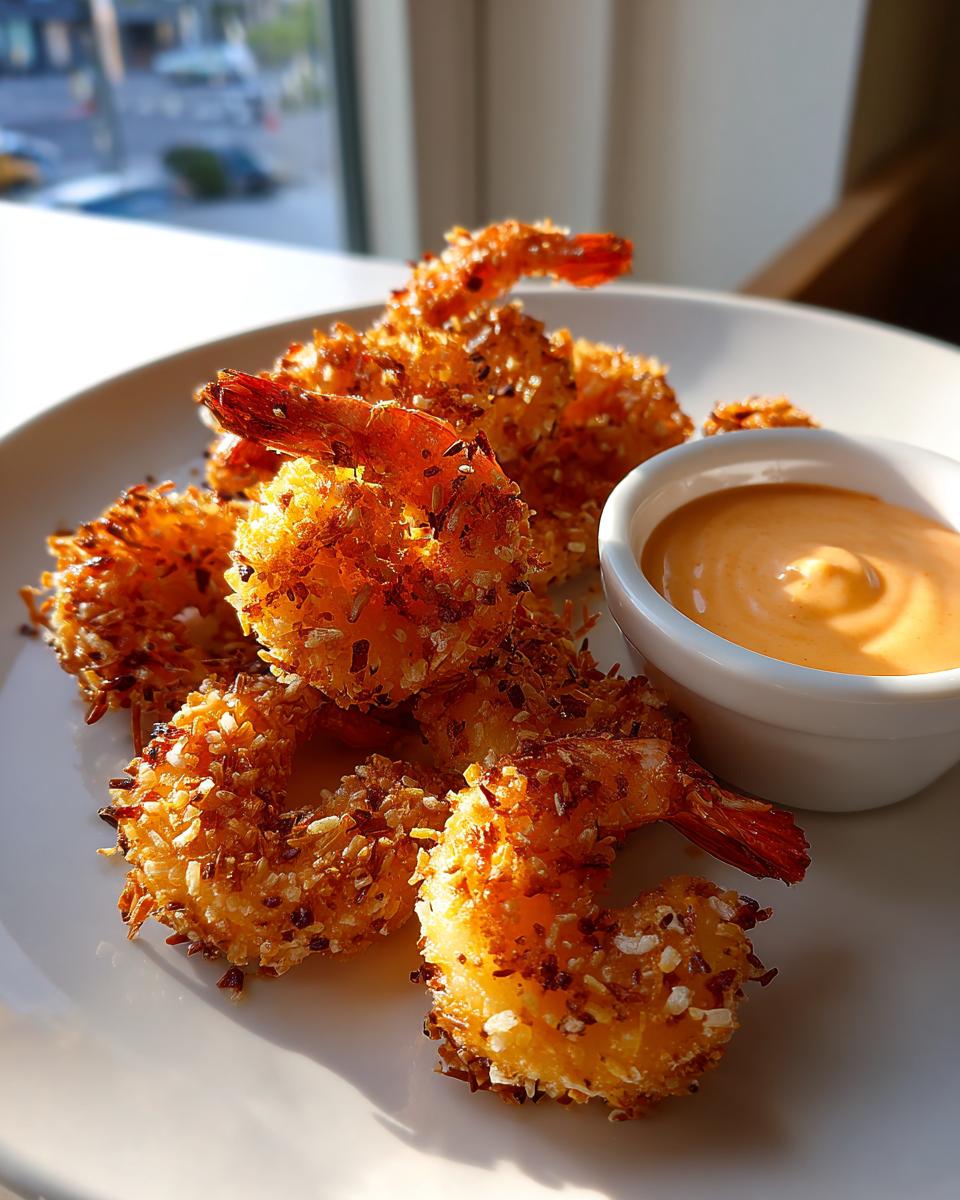 A plate of golden brown, crispy coconut shrimp recipe served with a side of orange dipping sauce.