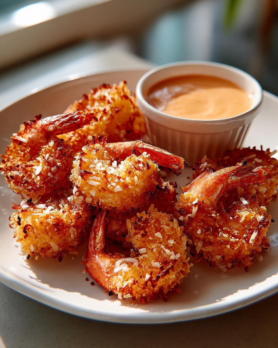 A plate of golden brown, crispy coconut shrimp recipe pieces served with a small ramekin of orange dipping sauce.