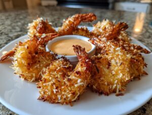 A plate of golden brown, crispy coconut shrimp recipe pieces arranged around a small bowl of orange dipping sauce.