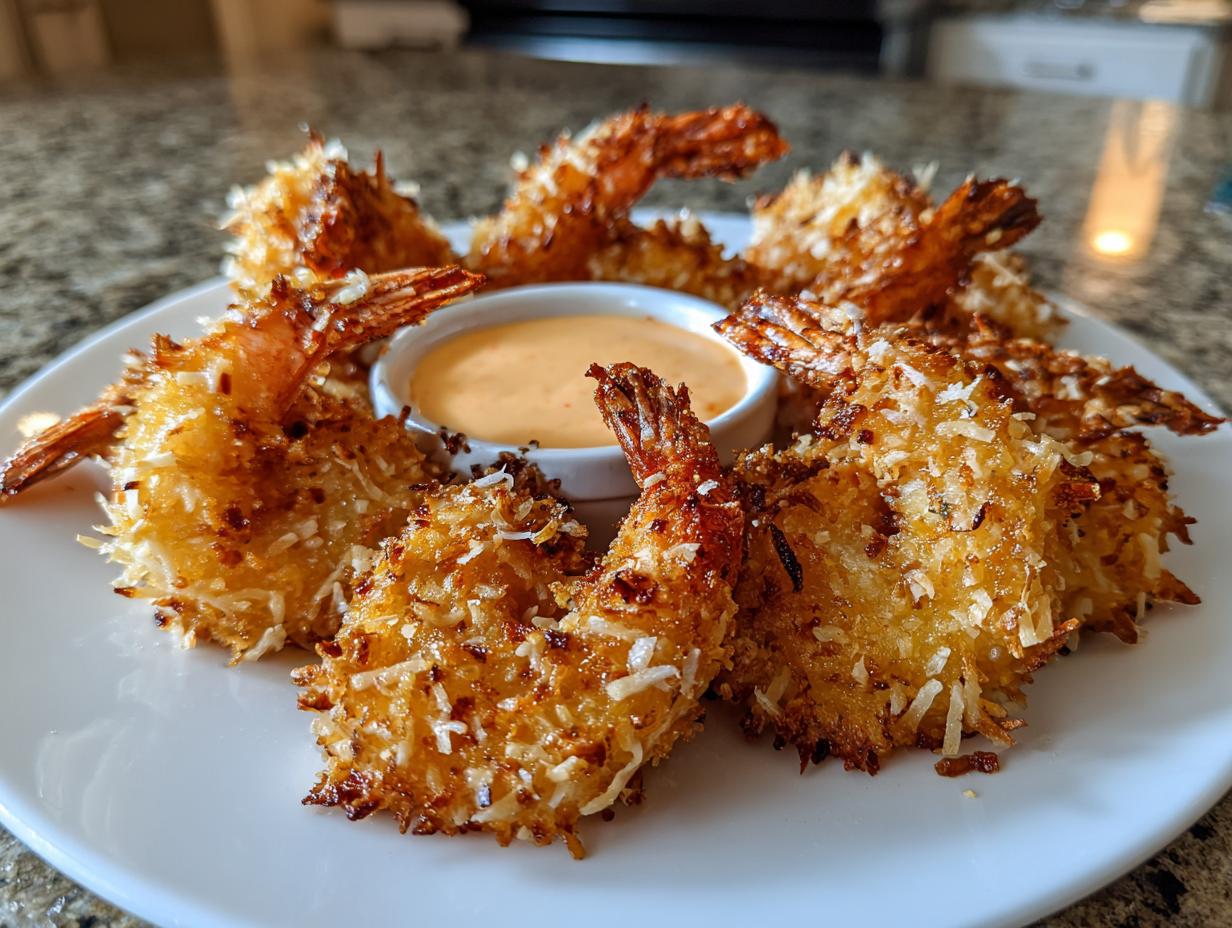 A plate of golden brown, crispy coconut shrimp recipe pieces arranged around a small bowl of orange dipping sauce.