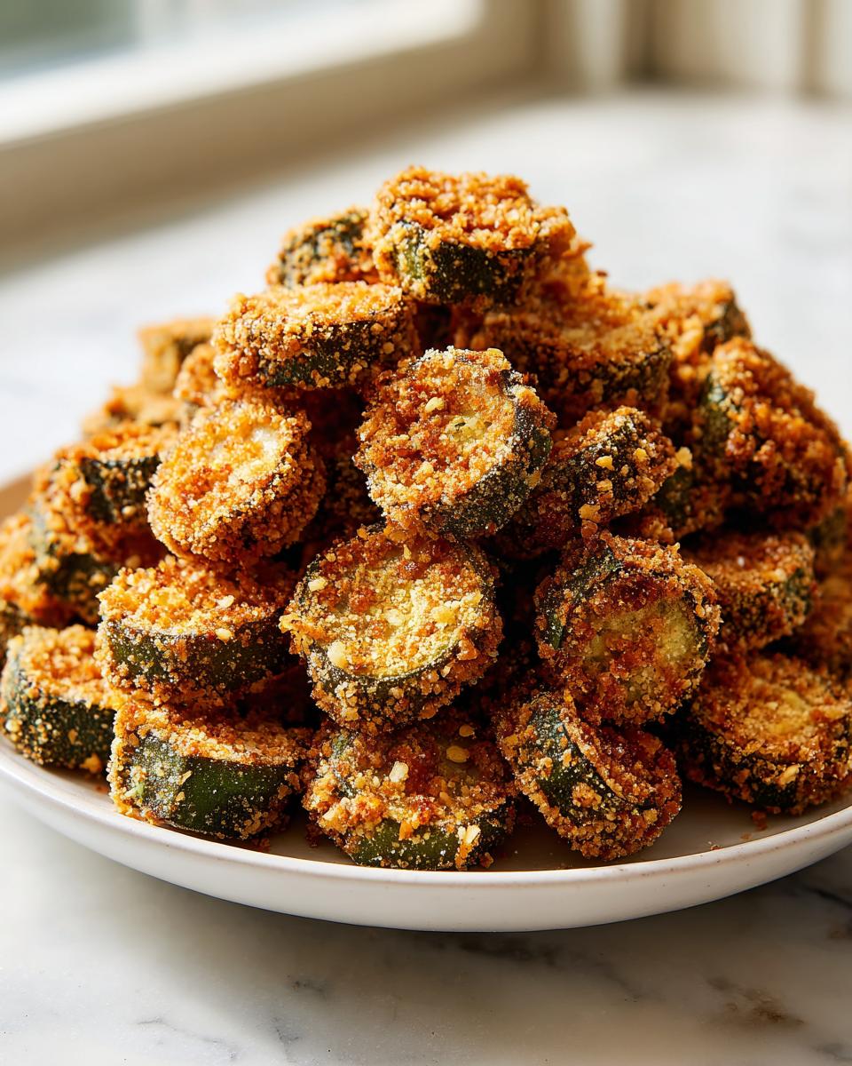 A large mound of perfectly golden and crispy fried okra slices stacked high on a white plate.