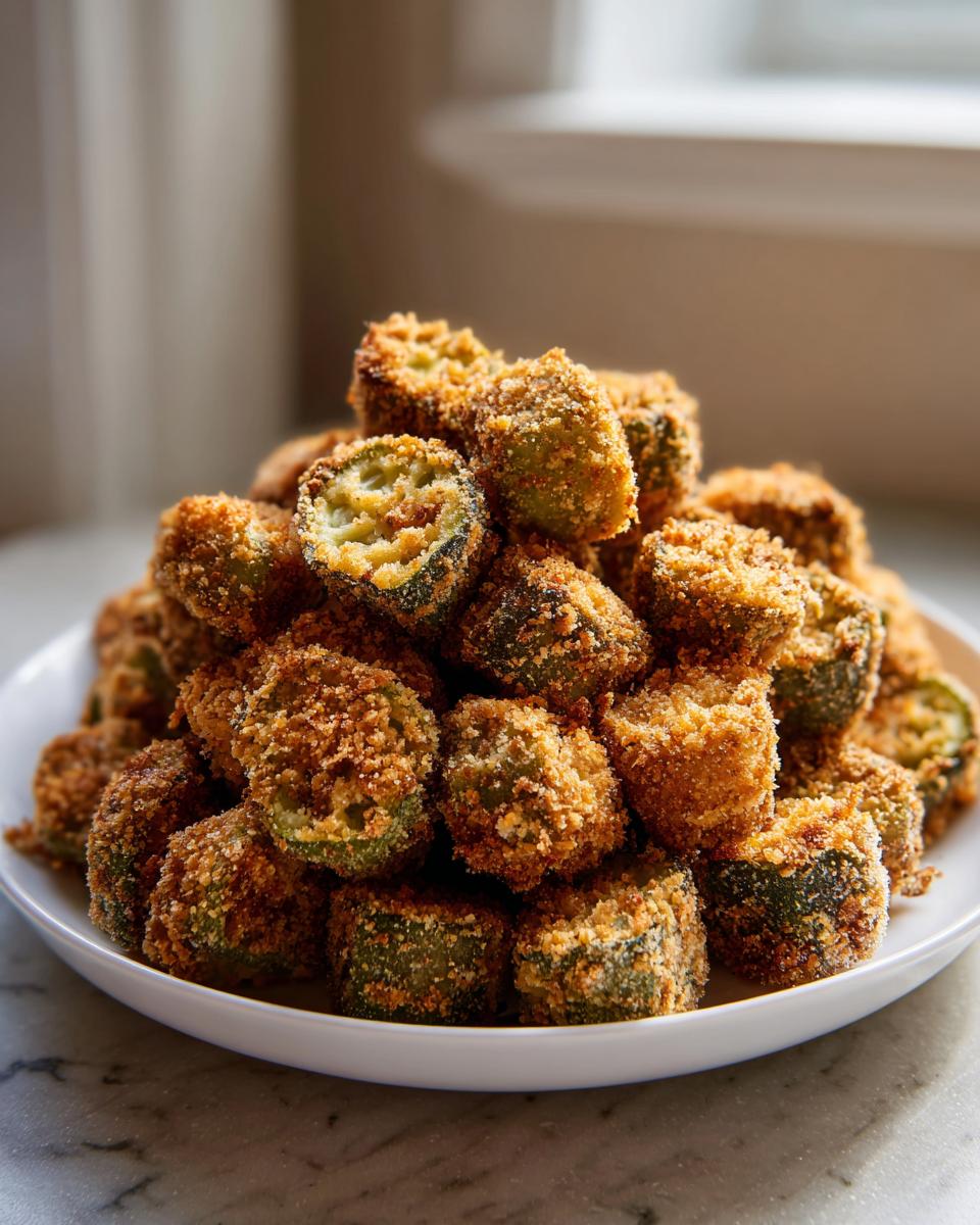 A tall pile of golden brown, crispy breaded fried okra pieces stacked high on a white plate.