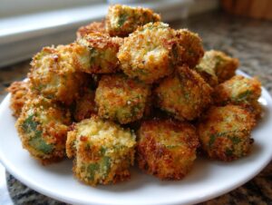A close-up of a mound of golden brown, crispy fried okra pieces served on a white plate.