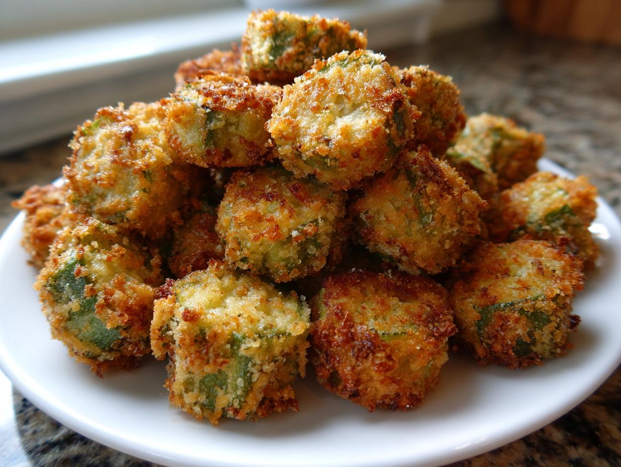 A close-up of a mound of golden brown, crispy fried okra pieces served on a white plate.
