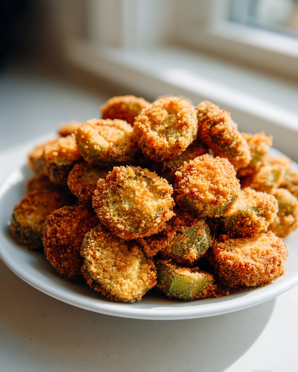 A mound of perfectly golden brown, crispy fried okra slices piled high on a white plate near a window.