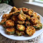 A mound of perfectly golden brown, crispy fried okra slices served on a white plate.