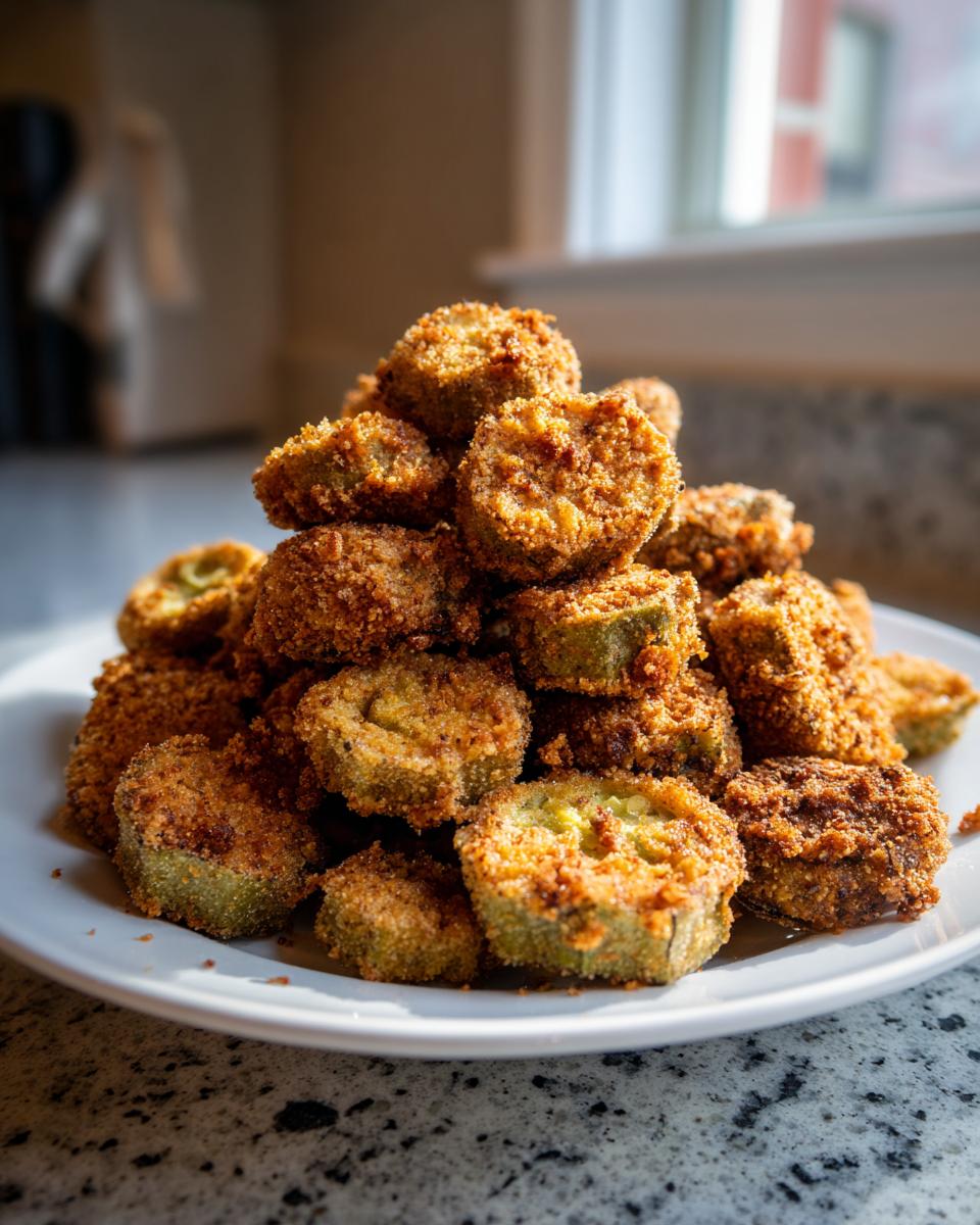 A tall mound of golden brown, crispy fried okra slices piled high on a white plate.