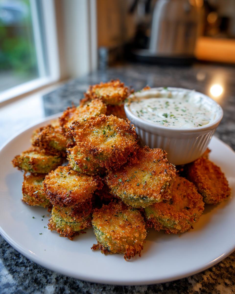 A pile of golden brown, crispy Fried Pickles served on a white plate next to a small bowl of creamy dipping sauce.