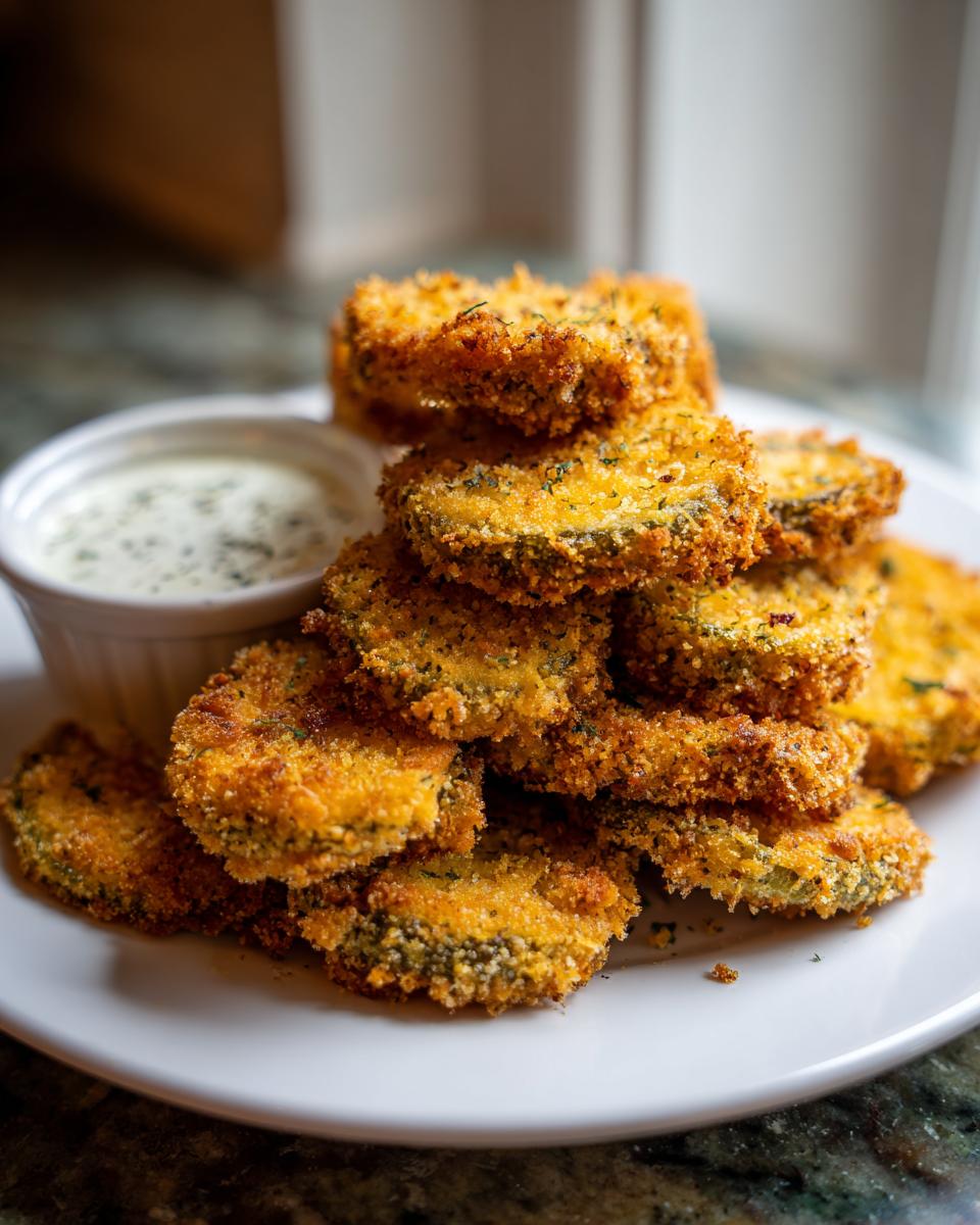 A tall stack of golden brown, crispy Fried Pickles served on a white plate next to a small bowl of creamy dipping sauce.