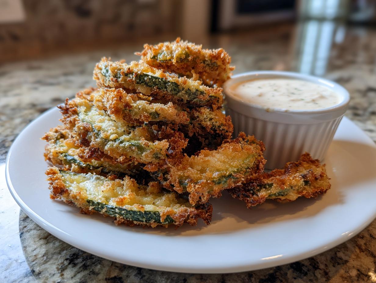 A stack of golden brown, crispy Fried Pickles served on a white plate next to a small ramekin of creamy dipping sauce.