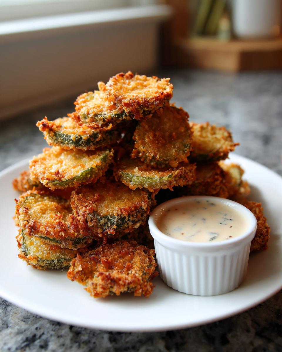 A tall stack of golden brown, crispy Fried Pickles served on a white plate next to a small ramekin of creamy dipping sauce.