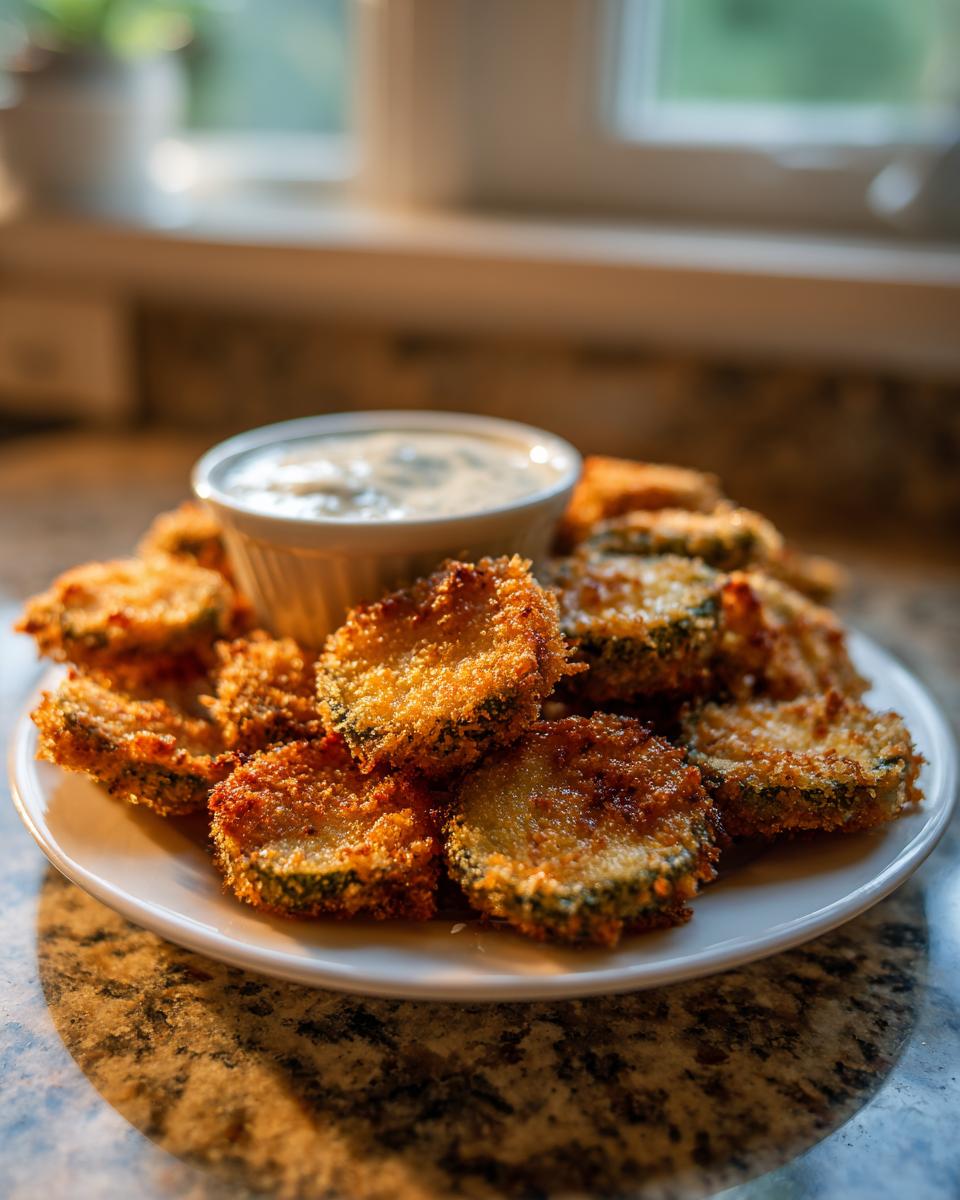 A plate piled high with golden brown, crispy Fried Pickles slices served with a small bowl of creamy dipping sauce.