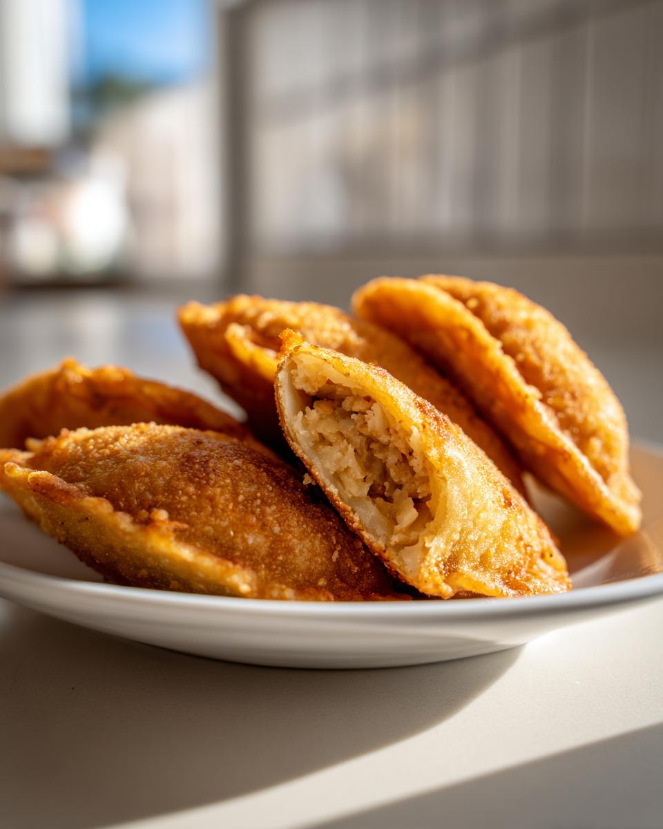 Close-up of crispy fried potato tacos on a white plate, one is broken open showing the mashed potato filling.