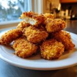 A pile of golden brown, crispy homemade chicken nuggets stacked on a white plate, one nugget is broken open showing the white meat inside.