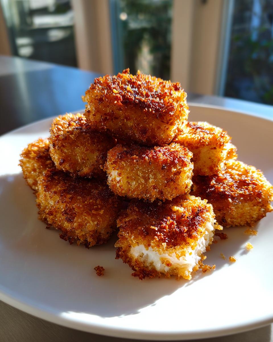 A pile of golden brown, crispy homemade chicken nuggets stacked high on a white plate, showing the white interior of one nugget.