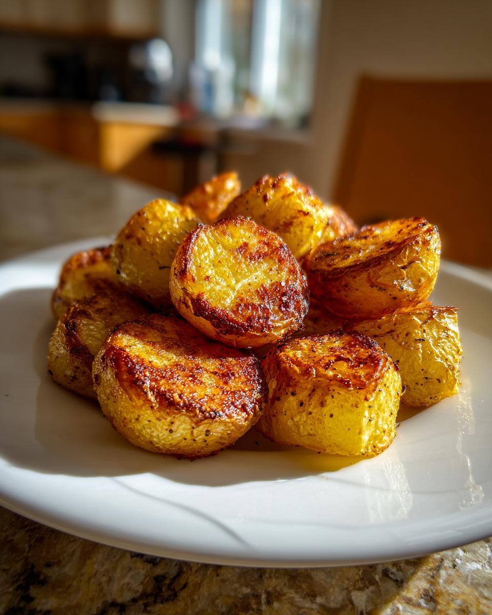 A close-up of golden brown, crispy oven roasted potatoes piled high on a white plate.