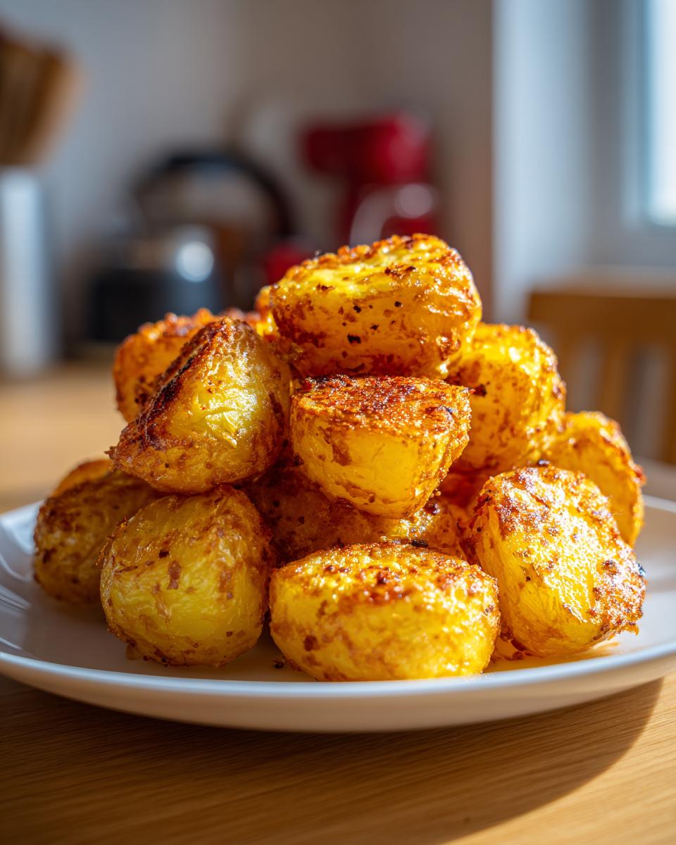 A close-up of a mound of golden, crispy oven roasted potatoes piled high on a white plate.