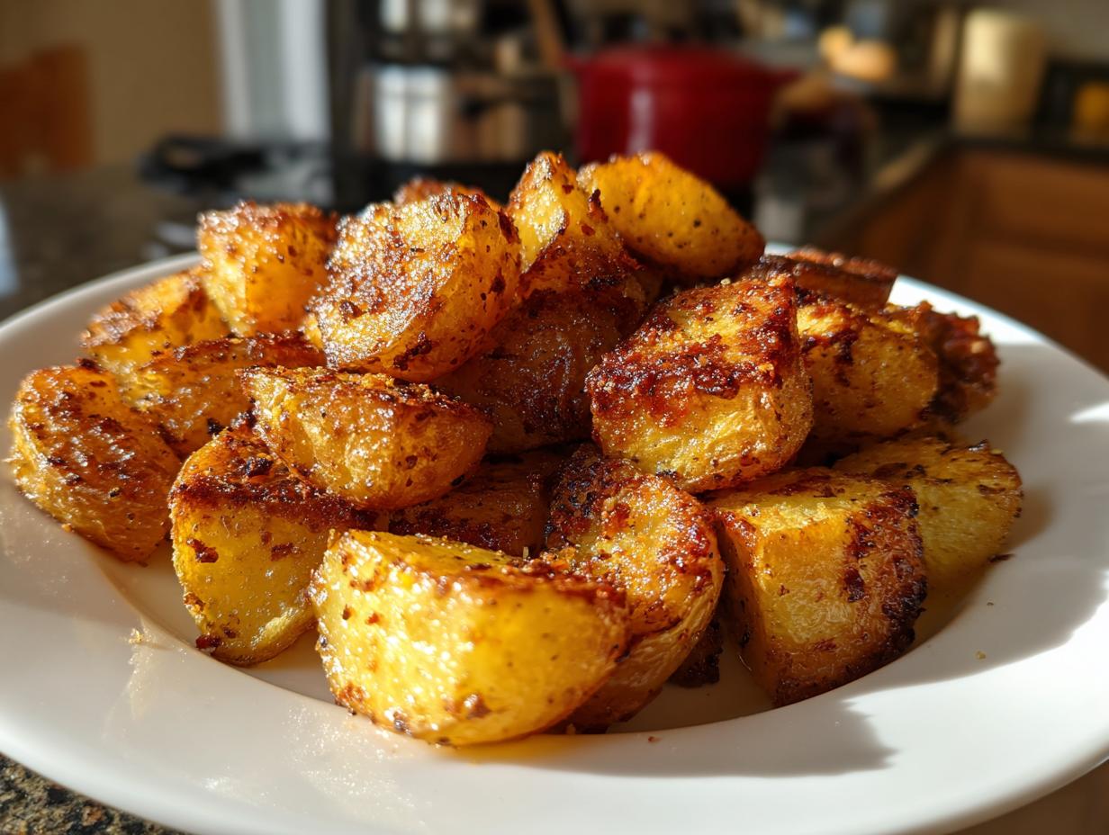 A close-up of golden brown, crispy oven roasted potatoes piled high on a white plate.