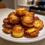 A pile of golden brown, crispy oven roasted potatoes stacked high on a white plate.