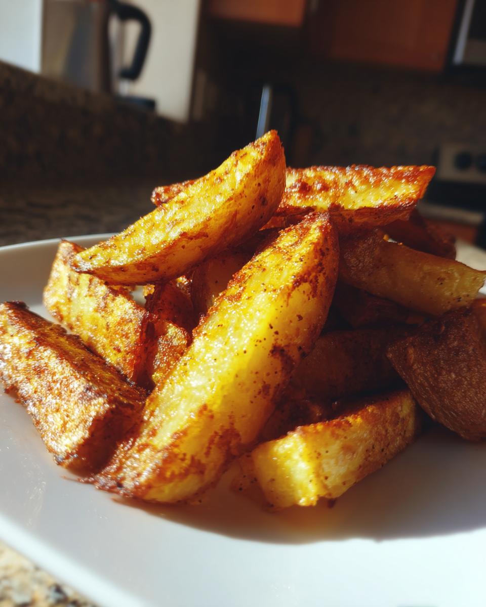 Close-up of golden brown, seasoned oven roasted potatoes wedges piled on a white plate.