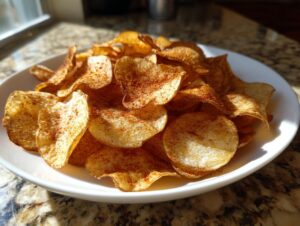A white bowl filled with freshly made, crispy potato chips dusted with paprika seasoning.
