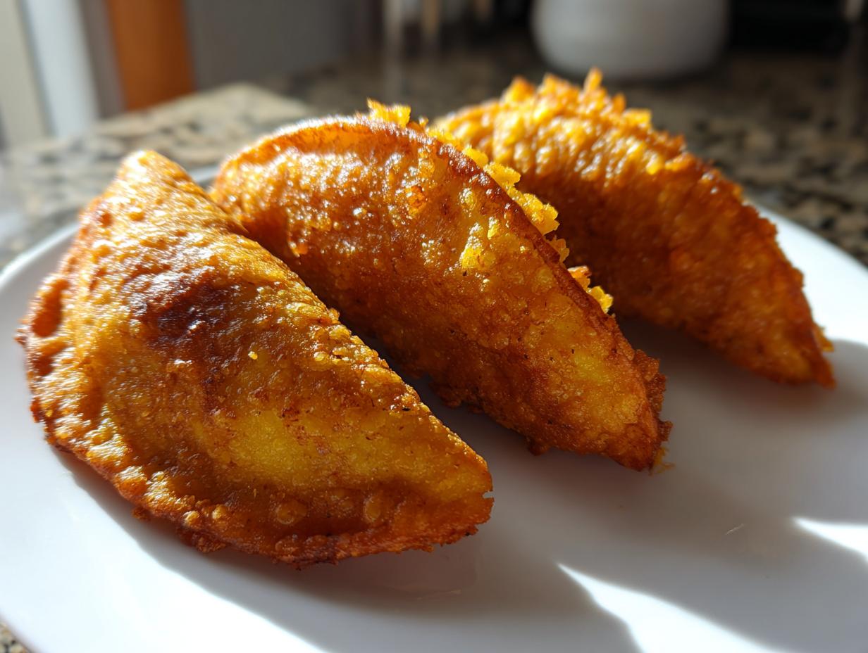 Three golden-brown, crispy potato tacos arranged on a white plate, freshly fried.