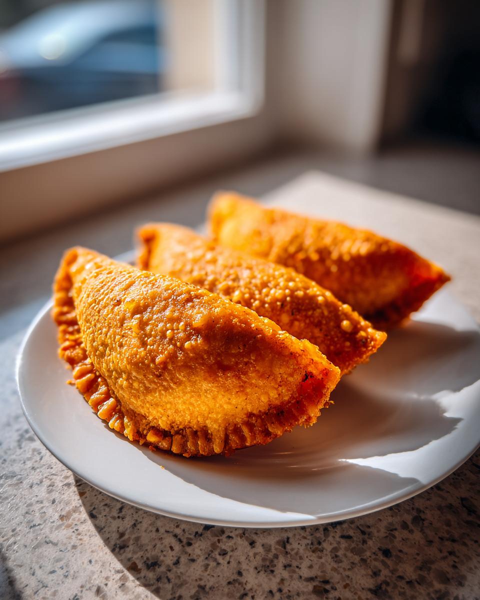 Three golden brown, crispy fried potato tacos arranged on a white plate near a window.