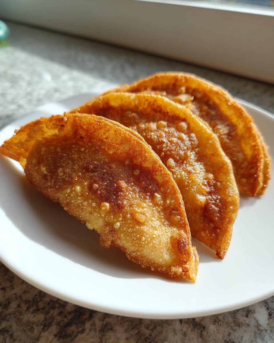 Three golden brown, crispy fried potato tacos arranged on a white plate, catching sunlight.