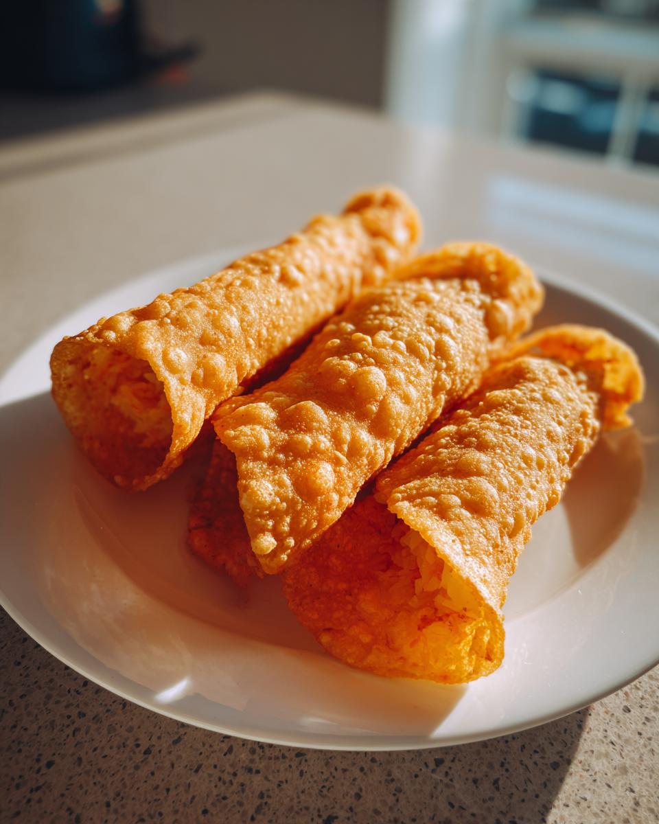 Three golden, crispy rolled potato tacos resting on a white plate under bright sunlight.