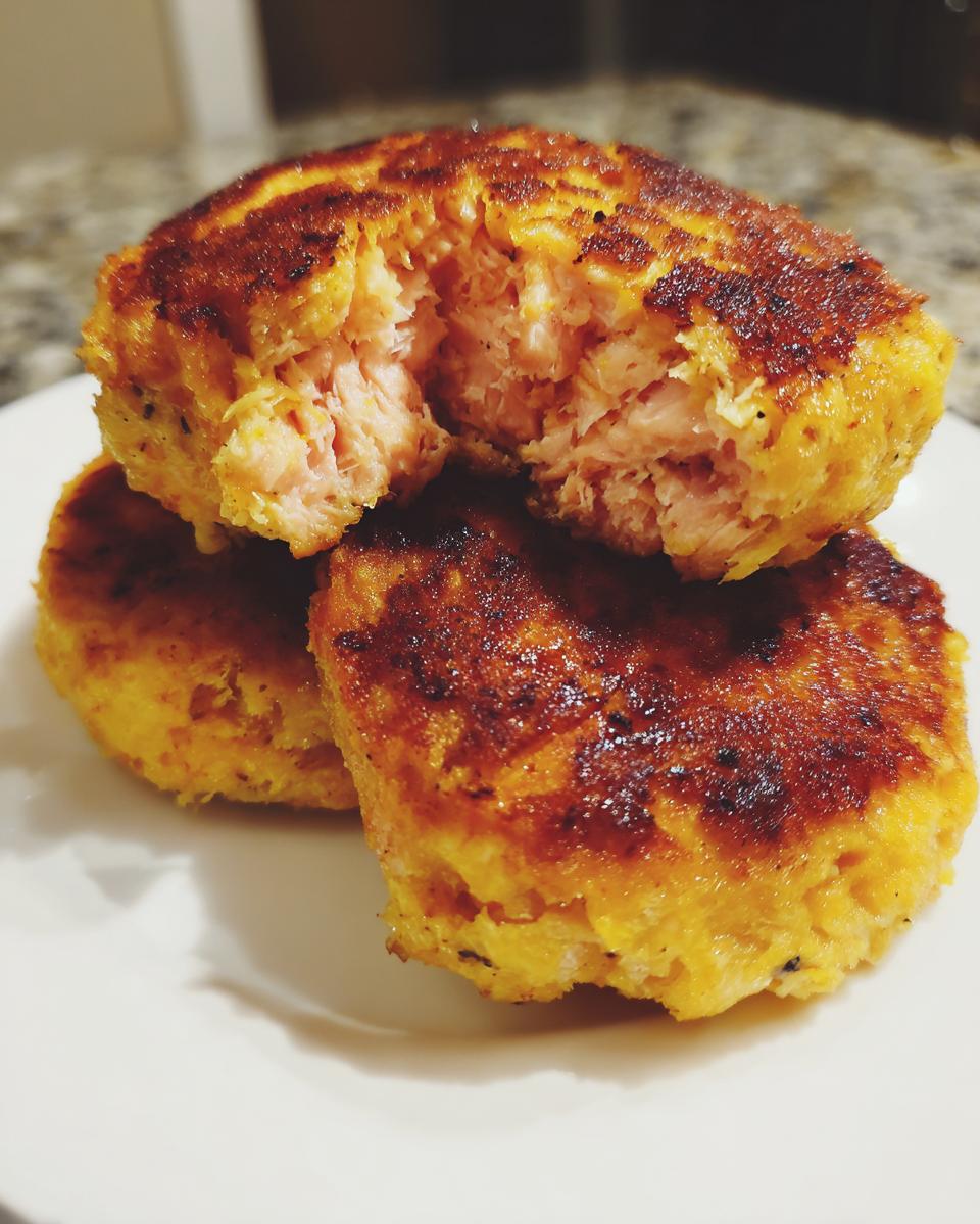 Close-up of three golden-brown, crispy salmon cakes stacked on a white plate, one broken open showing the flaky salmon inside.