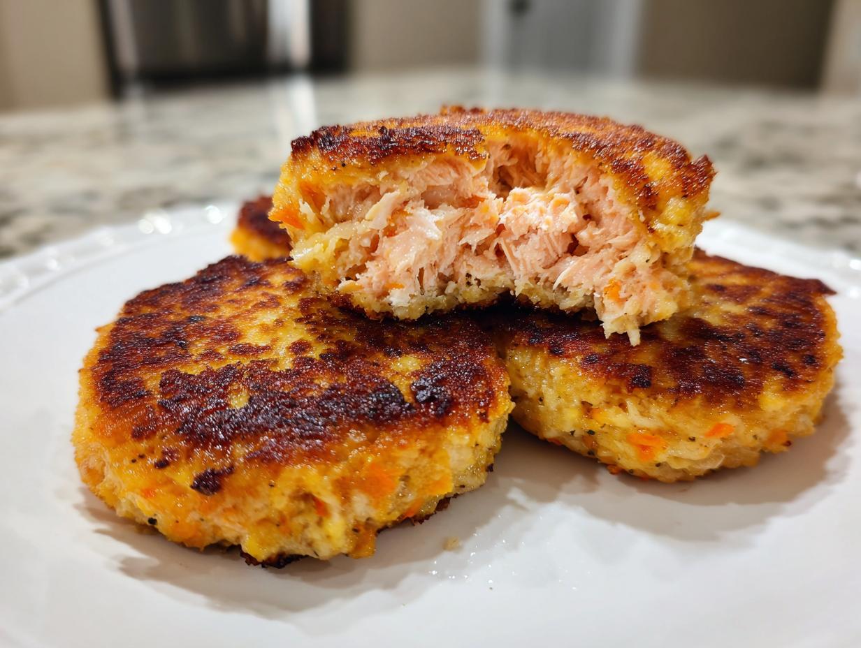 Close-up of three golden-brown, crispy salmon cakes on a white plate, one cut open to show the flaky salmon interior.