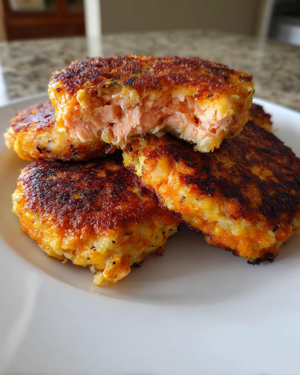 Close-up of crispy, golden-brown salmon cakes, one broken open revealing flaky pink salmon inside.