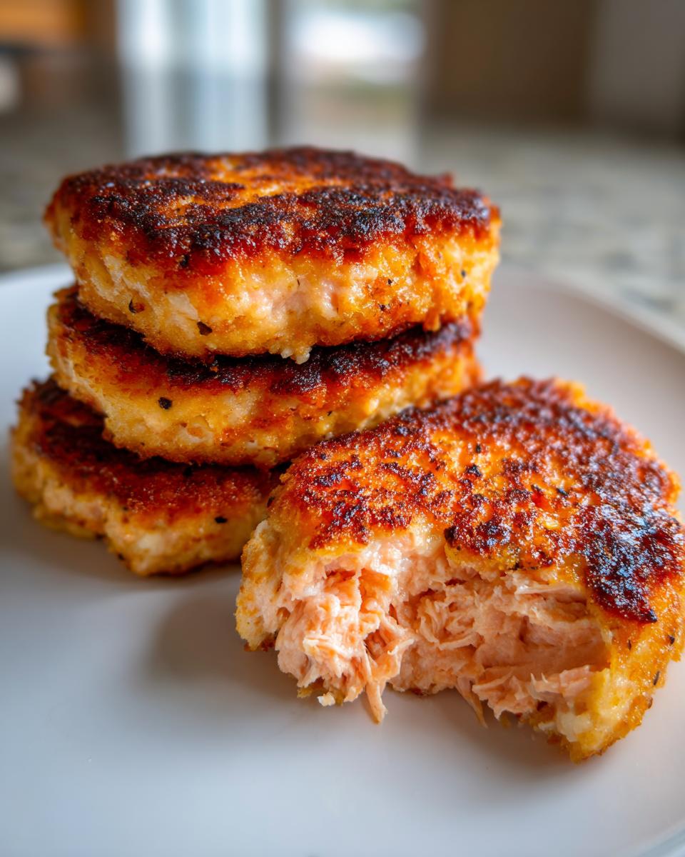 A stack of four crispy, golden-brown salmon cakes, with one in the front showing a bite taken out to reveal the flaky interior.