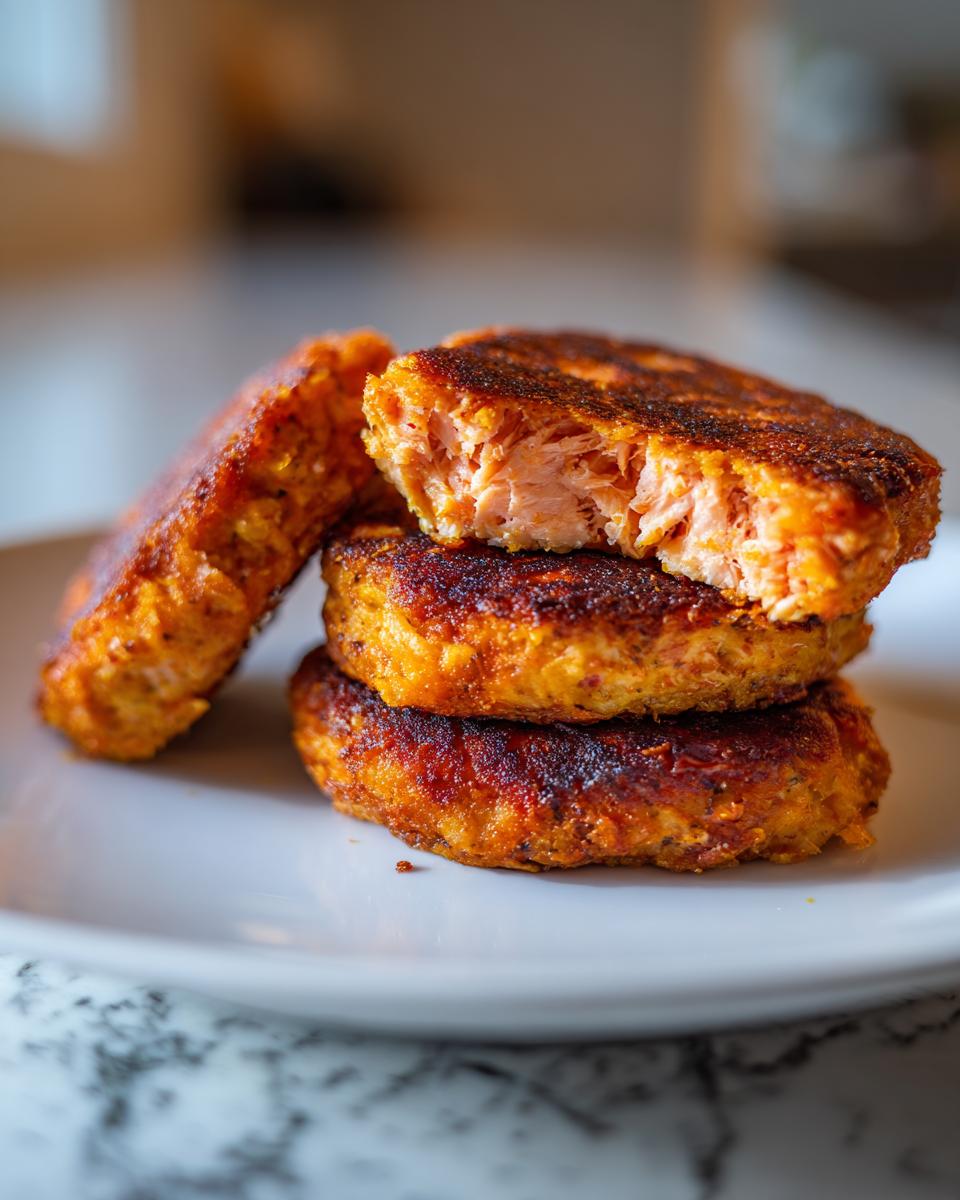 Close-up of three crispy, pan-fried salmon cakes stacked on a white plate, one cut open showing the flaky interior.