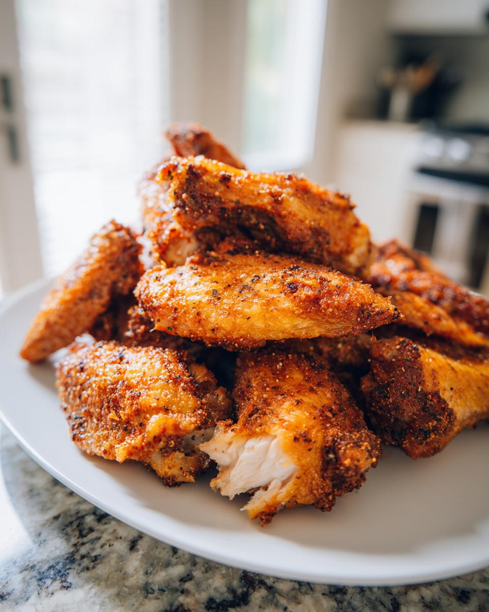 A pile of perfectly cooked, crispy seasoned chicken wings, one broken open showing white meat inside.