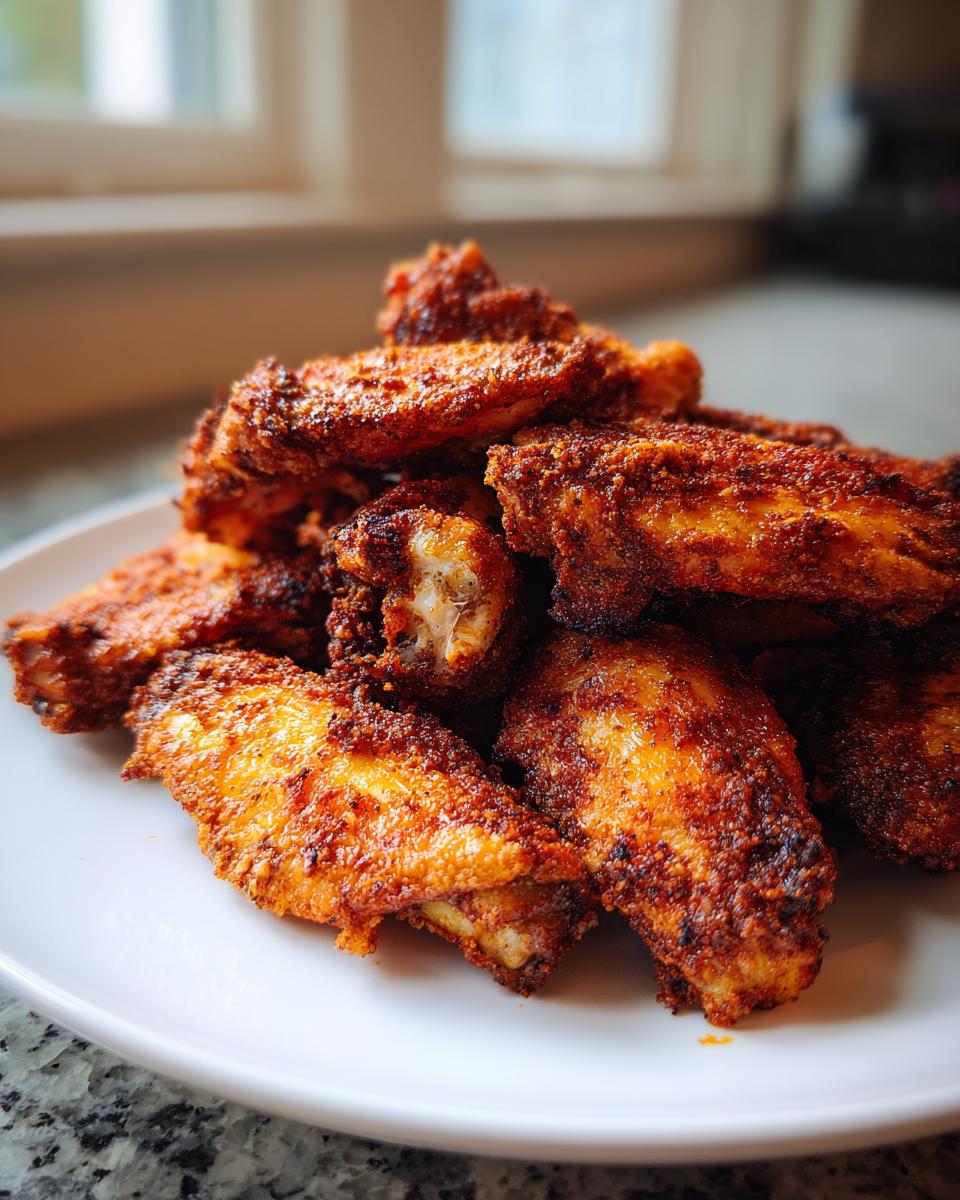 A close-up shot of a pile of perfectly cooked, crispy, seasoned chicken wings served on a white plate.