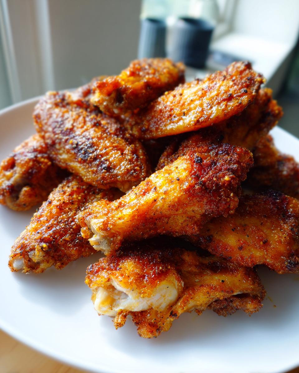 A close-up of perfectly crispy, seasoned chicken wings piled high on a white plate.