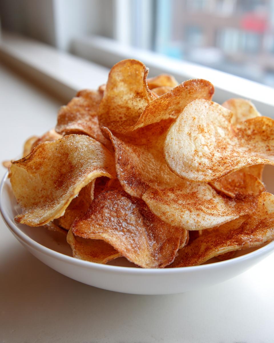 A white bowl overflowing with homemade, crispy potato chips seasoned with a reddish spice blend.