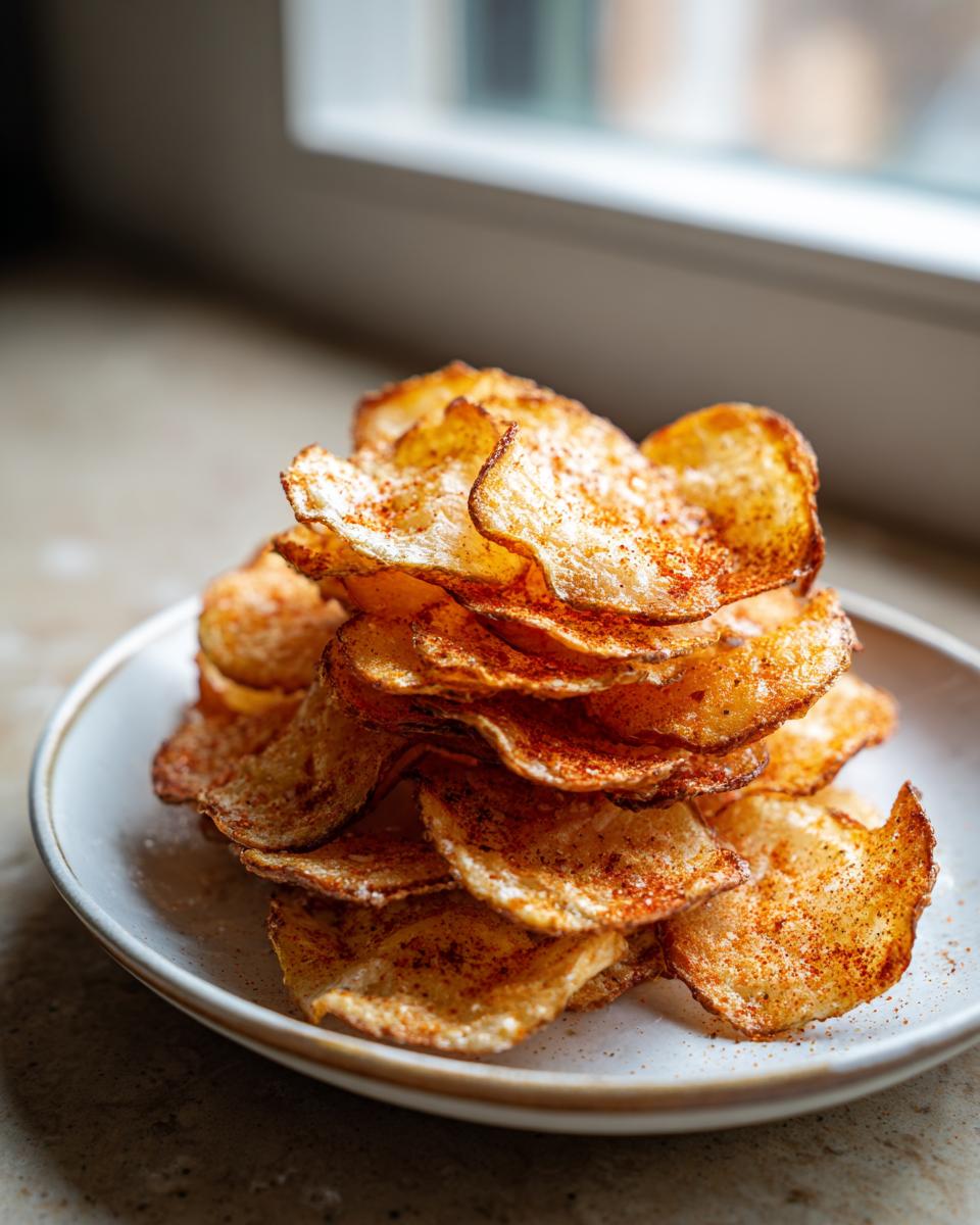 A tall stack of homemade, crispy potato chips seasoned with paprika, served on a small white plate.