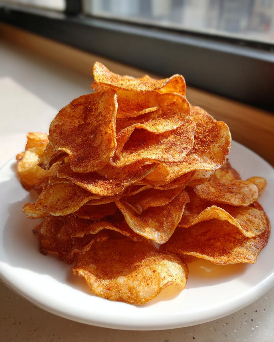 A tall stack of crispy, homemade potato chips seasoned with reddish spices, served on a white plate.